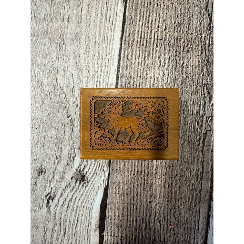 Vintage Lasercraft Walnut Mini Wooden Unicorn Galloping In The Woods Music Box